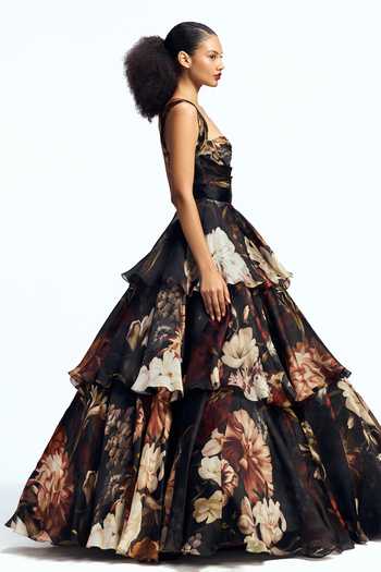 Gauri & Nainika_Black Organza, Satin Sweetheart Neck Floral Print Tiered Gown _Online_at_Aza_Fashions