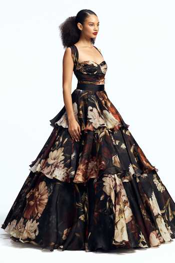 Buy_Gauri & Nainika_Black Organza, Satin Sweetheart Neck Floral Print Tiered Gown _Online_at_Aza_Fashions