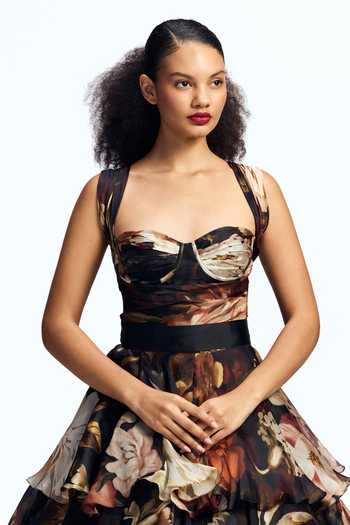 Shop_Gauri & Nainika_Black Organza, Satin Sweetheart Neck Floral Print Tiered Gown _Online_at_Aza_Fashions