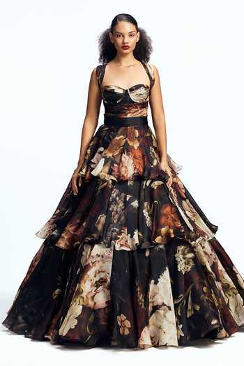 Gauri & Nainika Floral Print Tiered Gown 