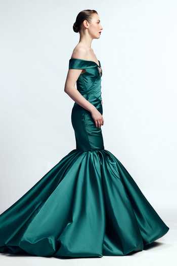 Gauri & Nainika_Green Satin Crystals, Bows, Brooches Off-shoulder Off Mermaid Gown _Online_at_Aza_Fashions