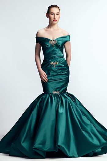 Shop_Gauri & Nainika_Green Satin Crystals, Bows, Brooches Off-shoulder Off Mermaid Gown _Online_at_Aza_Fashions