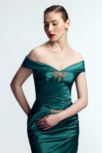 Gauri & Nainika_Green Satin Crystals, Bows, Brooches Off-shoulder Off Mermaid Gown _at_Aza_Fashions