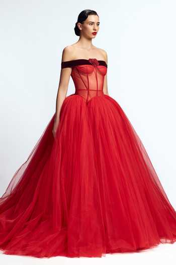 Gauri & Nainika_Red Tulle Crystals, Fabric Flowers Off-shoulder Drop Waisted Corsetted Gown _Online_at_Aza_Fashions