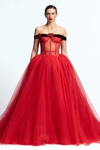 Buy_Gauri & Nainika_Red Tulle Crystals, Fabric Flowers Off-shoulder Drop Waisted Corsetted Gown _Online_at_Aza_Fashions
