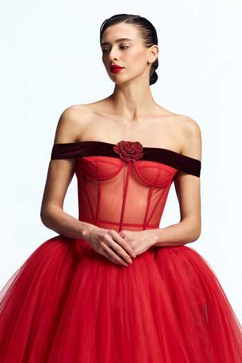 Gauri & Nainika_Red Tulle Crystals, Fabric Flowers Off-shoulder Drop Waisted Corsetted Gown _at_Aza_Fashions