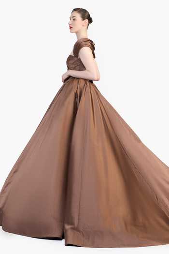 Gauri & Nainika Brown Satin Sweetheart Neck, Off-shoulder Off Draped Gown Online at Aza Fashions Gauri & Nainika_Brown Satin Sweetheart Neck, Off-shoulder Off Draped Gown _Online_at_Aza_Fashions