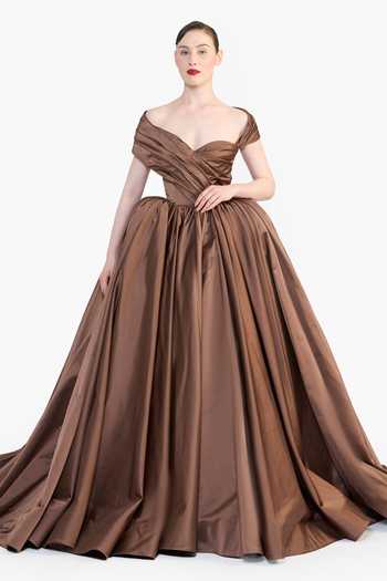 Shop Gauri & Nainika Brown Satin Sweetheart Neck, Off-shoulder Off Draped Gown Online at Aza Fashions Shop_Gauri & Nainika_Brown Satin Sweetheart Neck, Off-shoulder Off Draped Gown _Online_at_Aza_Fashions