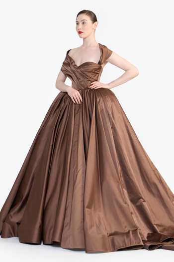 Gauri & Nainika Brown Satin Sweetheart Neck, Off-shoulder Off Draped Gown at Aza Fashions Gauri & Nainika_Brown Satin Sweetheart Neck, Off-shoulder Off Draped Gown _at_Aza_Fashions