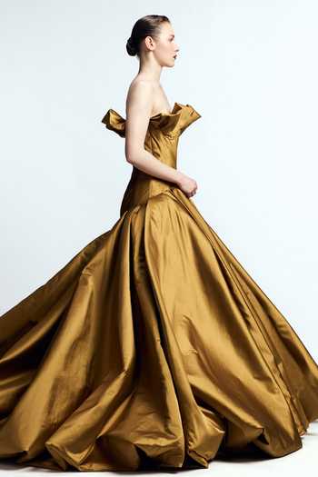 Buy_Gauri & Nainika_Gold Satin Bandeau Neck Strapless Balloon Gown _Online_at_Aza_Fashions