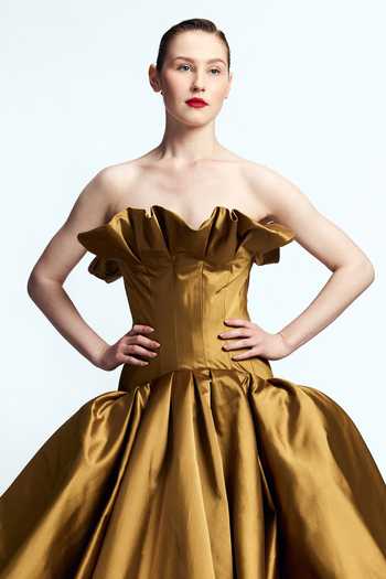 Shop_Gauri & Nainika_Gold Satin Bandeau Neck Strapless Balloon Gown _Online_at_Aza_Fashions