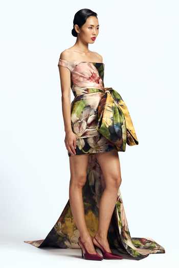 Shop_Gauri & Nainika_Multi Color Off-shoulder Floral Print Dress _Online_at_Aza_Fashions
