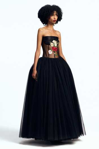 Gauri & Nainika Black Tulle Bandeau Neck Drop Waisted Tea Length Dress Online at Aza Fashions Gauri & Nainika_Black Tulle Bandeau Neck Drop Waisted Tea Length Dress _Online_at_Aza_Fashions