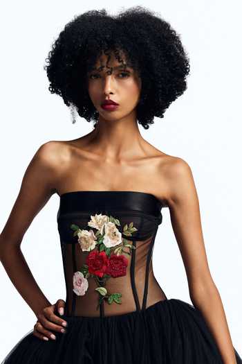 Shop Gauri & Nainika Black Tulle Bandeau Neck Drop Waisted Tea Length Dress Online at Aza Fashions Shop_Gauri & Nainika_Black Tulle Bandeau Neck Drop Waisted Tea Length Dress _Online_at_Aza_Fashions