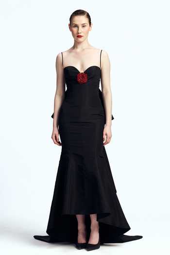 Gauri & Nainika Black Silk Crystals, Fabric Flowers Sweetheart Neck Plunging V Gown Online at Aza Fashions Gauri & Nainika_Black Silk Crystals, Fabric Flowers Sweetheart Neck Plunging V Gown _Online_at_Aza_Fashions