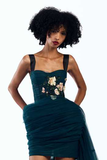 Shop Gauri & Nainika Teal Tulle Sweetheart Neck Draped Corsetted Dress Online at Aza Fashions Shop_Gauri & Nainika_Teal Tulle Sweetheart Neck Draped Corsetted Dress _Online_at_Aza_Fashions