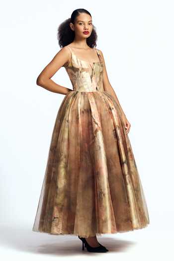 Gauri & Nainika Gold Tulle Scoop Neck Panelled Corseted Midi Dress Online at Aza Fashions Gauri & Nainika_Gold Tulle Scoop Neck Panelled Corseted Midi Dress _Online_at_Aza_Fashions