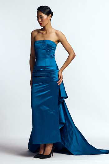 Gauri & Nainika Blue Satin Bandeau Neck Structured Draped Column Gown Online at Aza Fashions Gauri & Nainika_Blue Satin Bandeau Neck Structured Draped Column Gown _Online_at_Aza_Fashions