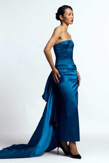 Buy Gauri & Nainika Blue Satin Bandeau Neck Structured Draped Column Gown Online at Aza Fashions Buy_Gauri & Nainika_Blue Satin Bandeau Neck Structured Draped Column Gown _Online_at_Aza_Fashions