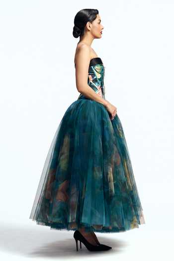 Gauri & Nainika Blue Tulle Bandeau Neck Panelled Corseted Dress Online at Aza Fashions Gauri & Nainika_Blue Tulle Bandeau Neck Panelled Corseted Dress _Online_at_Aza_Fashions