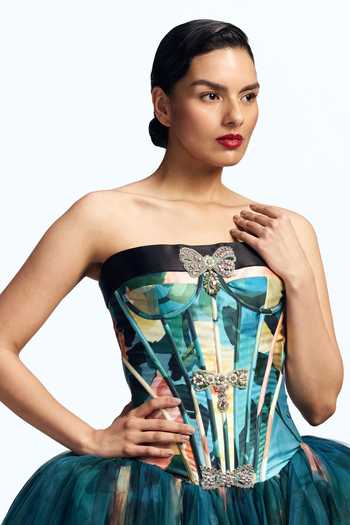 Buy Gauri & Nainika Blue Tulle Bandeau Neck Panelled Corseted Dress Online at Aza Fashions Buy_Gauri & Nainika_Blue Tulle Bandeau Neck Panelled Corseted Dress _Online_at_Aza_Fashions