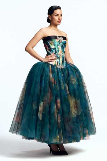 Shop Gauri & Nainika Blue Tulle Bandeau Neck Panelled Corseted Dress Online at Aza Fashions Shop_Gauri & Nainika_Blue Tulle Bandeau Neck Panelled Corseted Dress _Online_at_Aza_Fashions