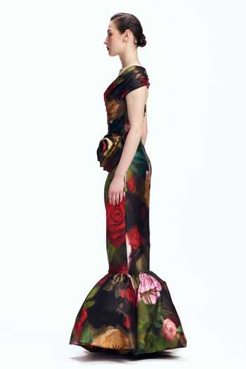 Buy Gauri & Nainika Pink Fabric Flowers Off-shoulder Off Print Draped Gown Online at Aza Fashions Buy_Gauri & Nainika_Pink Fabric Flowers Off-shoulder Off Print Draped Gown _Online_at_Aza_Fashions