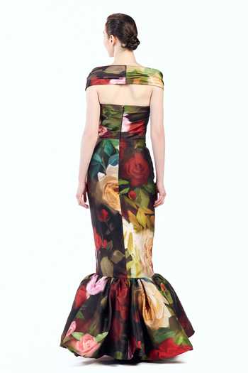 Gauri & Nainika Off Shoulder Print Draped Gown