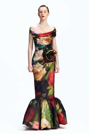 Gauri & Nainika Off Shoulder Print Draped Gown