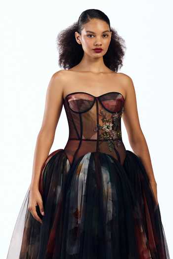 Gauri & Nainika Black Tulle Sweetheart Neck Printed Corseted Maxi Dress Online at Aza Fashions Gauri & Nainika_Black Tulle Sweetheart Neck Printed Corseted Maxi Dress _Online_at_Aza_Fashions