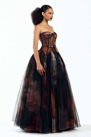 Buy Gauri & Nainika Black Tulle Sweetheart Neck Printed Corseted Maxi Dress Online at Aza Fashions Buy_Gauri & Nainika_Black Tulle Sweetheart Neck Printed Corseted Maxi Dress _Online_at_Aza_Fashions