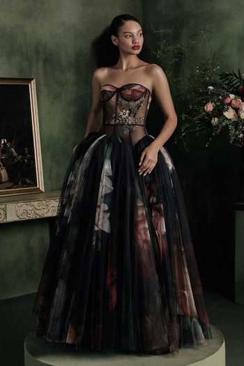 Shop Gauri & Nainika Black Tulle Sweetheart Neck Printed Corseted Maxi Dress Online at Aza Fashions Shop_Gauri & Nainika_Black Tulle Sweetheart Neck Printed Corseted Maxi Dress _Online_at_Aza_Fashions