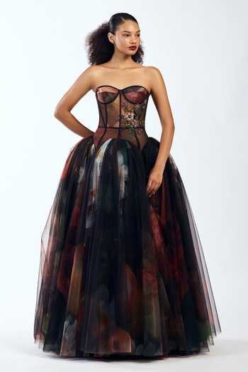 Gauri & Nainika Black Tulle Sweetheart Neck Printed Corseted Maxi Dress at Aza Fashions Gauri & Nainika_Black Tulle Sweetheart Neck Printed Corseted Maxi Dress _at_Aza_Fashions