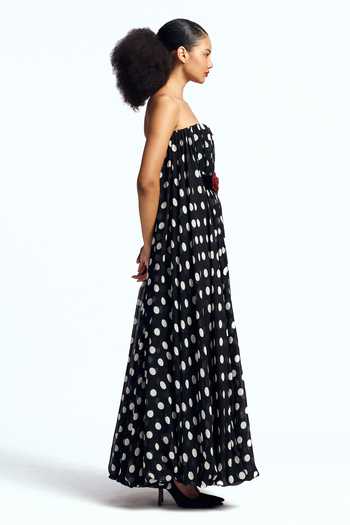 Gauri & Nainika Black Satin, Chiffon Bandeau Neck Polka Dot Print Balloon Maxi Dress Online at Aza Fashions Gauri & Nainika_Black Satin, Chiffon Bandeau Neck Polka Dot Print Balloon Maxi Dress _Online_at_Aza_Fashions