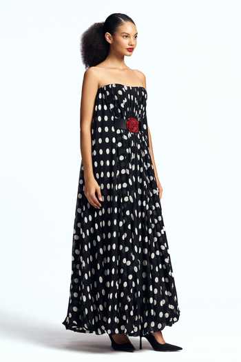 Buy Gauri & Nainika Black Satin, Chiffon Bandeau Neck Polka Dot Print Balloon Maxi Dress Online at Aza Fashions Buy_Gauri & Nainika_Black Satin, Chiffon Bandeau Neck Polka Dot Print Balloon Maxi Dress _Online_at_Aza_Fashions