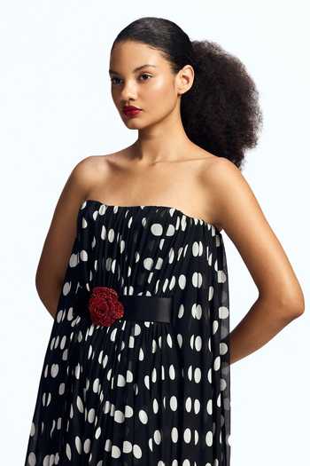 Shop Gauri & Nainika Black Satin, Chiffon Bandeau Neck Polka Dot Print Balloon Maxi Dress Online at Aza Fashions Shop_Gauri & Nainika_Black Satin, Chiffon Bandeau Neck Polka Dot Print Balloon Maxi Dress _Online_at_Aza_Fashions