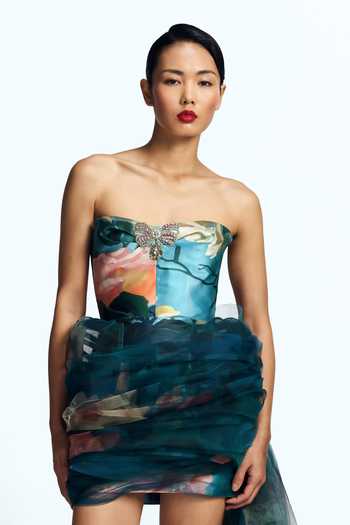 Buy Gauri & Nainika Blue Tulle Sweetheart Neck Strapless Bow Mini Dress Buy_Gauri & Nainika_Blue Tulle Sweetheart Neck Strapless Bow Mini Dress