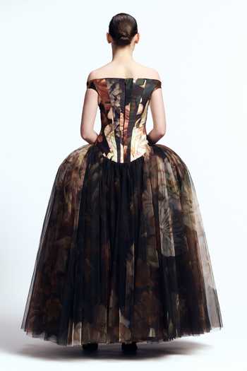 Gauri & Nainika Off Shoulder Panelled Corseted Gown