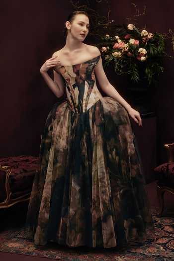 Buy Gauri & Nainika Black Tulle Off-shoulder Off Panelled Corseted Gown Buy_Gauri & Nainika_Black Tulle Off-shoulder Off Panelled Corseted Gown