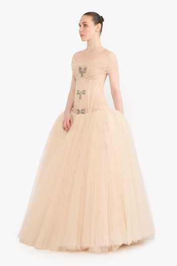 Gauri & Nainika Peach Tulle Crystals, Stones Off-shoulder Off Bow Gown Online at Aza Fashions Gauri & Nainika_Peach Tulle Crystals, Stones Off-shoulder Off Bow Gown _Online_at_Aza_Fashions
