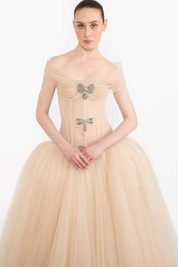 Buy Gauri & Nainika Peach Tulle Crystals, Stones Off-shoulder Off Bow Gown Online at Aza Fashions Buy_Gauri & Nainika_Peach Tulle Crystals, Stones Off-shoulder Off Bow Gown _Online_at_Aza_Fashions