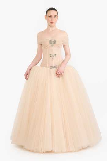 Shop Gauri & Nainika Peach Tulle Crystals, Stones Off-shoulder Off Bow Gown Online at Aza Fashions Shop_Gauri & Nainika_Peach Tulle Crystals, Stones Off-shoulder Off Bow Gown _Online_at_Aza_Fashions