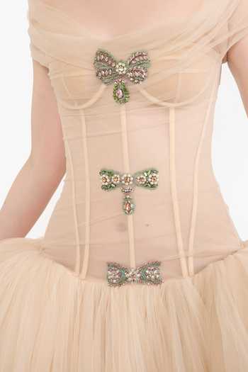 Buy Gauri & Nainika Peach Tulle Crystals, Stones Off-shoulder Off Bow Gown Buy_Gauri & Nainika_Peach Tulle Crystals, Stones Off-shoulder Off Bow Gown