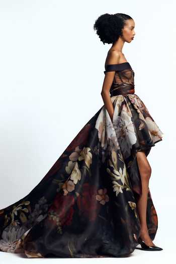 Gauri & Nainika Black Organza, Tulle Off-shoulder Dutch Floral Print Dress Online at Aza Fashions Gauri & Nainika_Black Organza, Tulle Off-shoulder Dutch Floral Print Dress _Online_at_Aza_Fashions