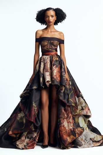Buy Gauri & Nainika Black Organza, Tulle Off-shoulder Dutch Floral Print Dress Online at Aza Fashions Buy_Gauri & Nainika_Black Organza, Tulle Off-shoulder Dutch Floral Print Dress _Online_at_Aza_Fashions