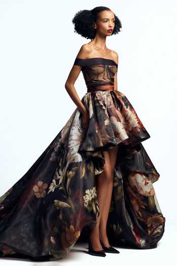 Shop Gauri & Nainika Black Organza, Tulle Off-shoulder Dutch Floral Print Dress Online at Aza Fashions Shop_Gauri & Nainika_Black Organza, Tulle Off-shoulder Dutch Floral Print Dress _Online_at_Aza_Fashions