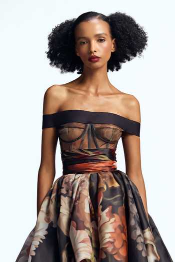 Gauri & Nainika Black Organza, Tulle Off-shoulder Dutch Floral Print Dress at Aza Fashions Gauri & Nainika_Black Organza, Tulle Off-shoulder Dutch Floral Print Dress _at_Aza_Fashions