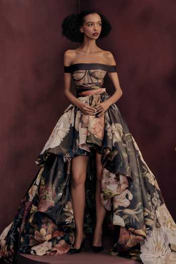 Buy Gauri & Nainika Black Organza, Tulle Off-shoulder Dutch Floral Print Dress Buy_Gauri & Nainika_Black Organza, Tulle Off-shoulder Dutch Floral Print Dress