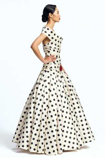 Gauri & Nainika_Black Embroidery, Crystals, Fabric Flowers Off-shoulder Polka Dot Print Gown _Online_at_Aza_Fashions