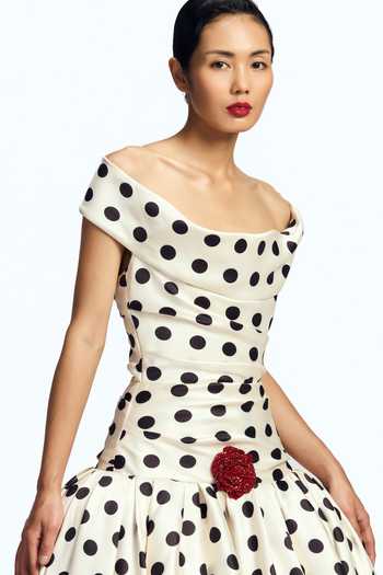 Buy_Gauri & Nainika_Black Embroidery, Crystals, Fabric Flowers Off-shoulder Polka Dot Print Gown _Online_at_Aza_Fashions